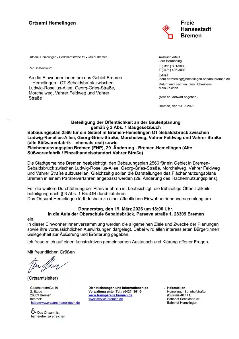 Plakat zur Einwohner:innenversammlung Bebauungsplan 2566 sowie Flächennutzungsplan Bremen (FNP), 29 - Bremen am 19.03.2026 um 18 Uhr in der Aula der Oberschule Sebaldsbrück, Parsevalstraße 1