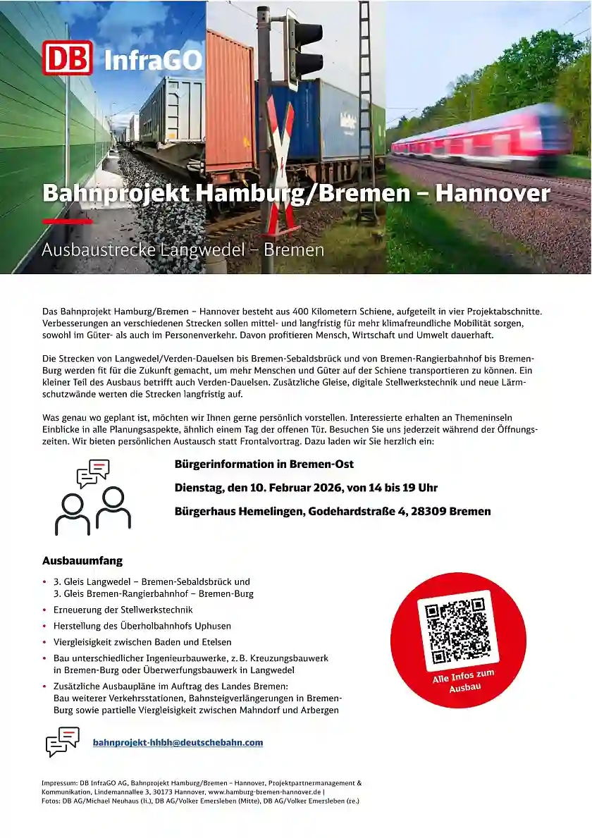 Plakat zur Bürgerinformation Bahnprojekt Ausbaustrecke Langwedel - Bremen am 10.02.2026 von 14 bis 19 Uhr im Bürgerhaus Hemelingen, Godehardstraße 4