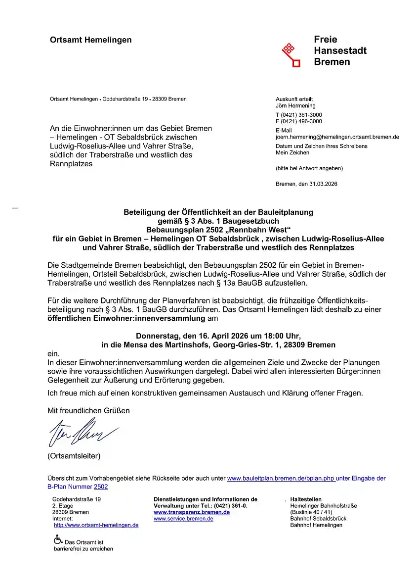 Einwohner:innenversammlung zum Bebauungsplan 2502(Rennbahn West) am 16.04. um 18:00 Uhr in der Mensa des Martinshofes, Georg-Gries-Str. 1 20309 Bremen